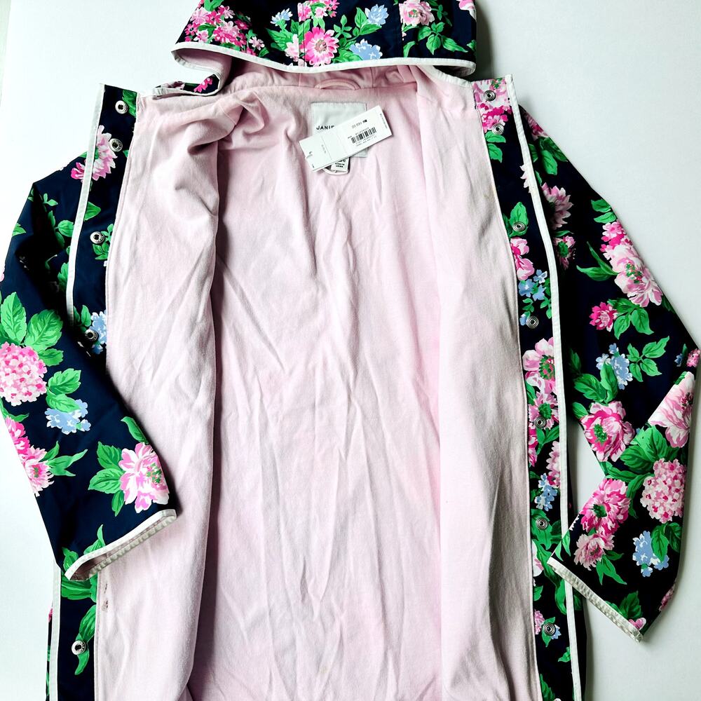 Janie & Jack Girls Floral Rain Coat Size 10/12 Blue Pink Peonies Mid-Length - Picture 4 of 9